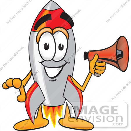 #25163 Clip Art Graphic of a Space Rocket Cartoon Character Holding a Megaphone by toons4biz