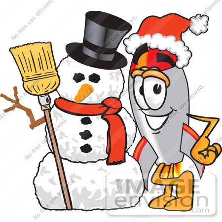 #25164 Clip Art Graphic of a Space Rocket Cartoon Character With a Snowman on Christmas by toons4biz