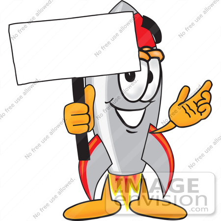 #25181 Clip Art Graphic of a Space Rocket Cartoon Character Holding a Blank Sign by toons4biz