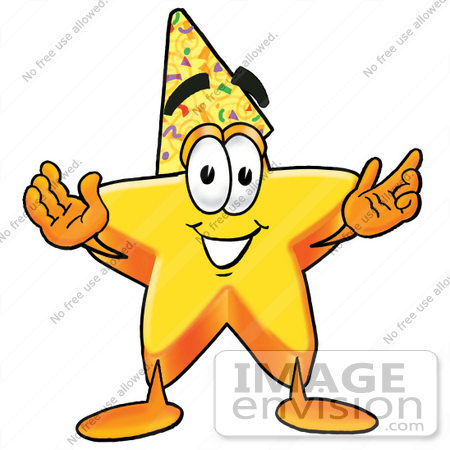 #25188 Clip Art Graphic of a Yellow Star Cartoon Character Wearing a Birthday Party Hat by toons4biz