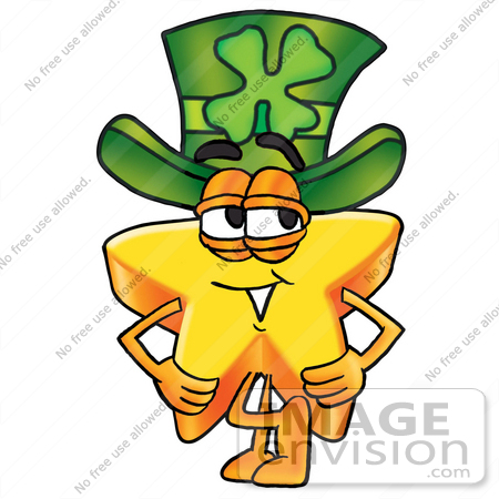 #25189 Clip Art Graphic of a Yellow Star Cartoon Character Wearing a Saint Patricks Day Hat With a Clover on it by toons4biz