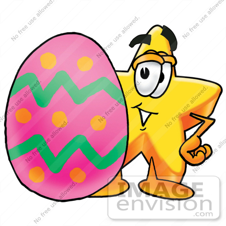#25191 Clip Art Graphic of a Yellow Star Cartoon Character Standing Beside an Easter Egg by toons4biz