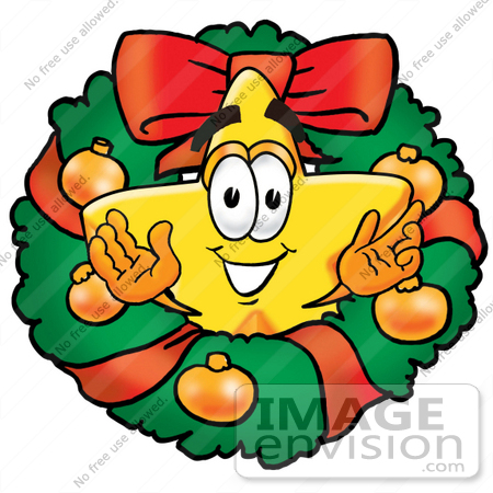 #25193 Clip Art Graphic of a Yellow Star Cartoon Character in the Center of a Christmas Wreath by toons4biz