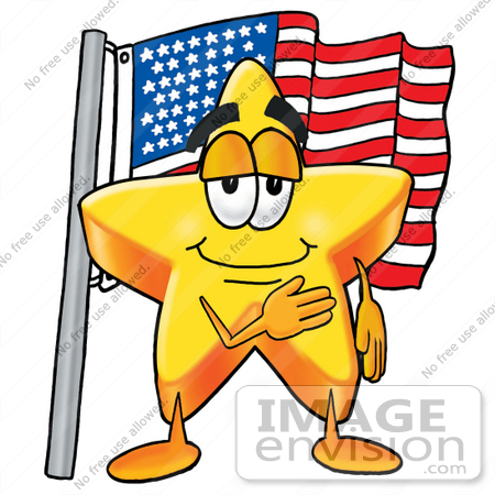 #25197 Clip Art Graphic of a Yellow Star Cartoon Character Pledging Allegiance to an American Flag by toons4biz