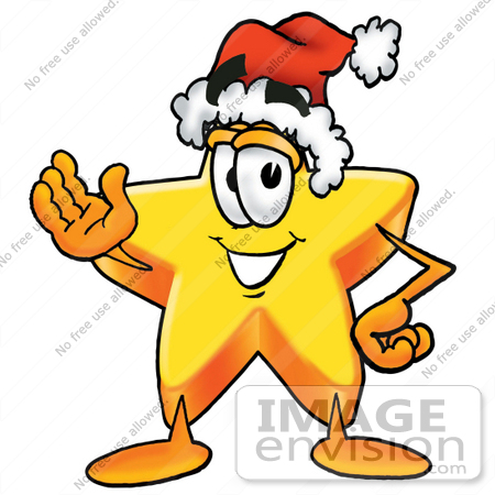 #25200 Clip Art Graphic of a Yellow Star Cartoon Character Wearing a Santa Hat and Waving by toons4biz