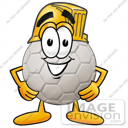 #25207 Clip Art Graphic of a White Soccer Ball Cartoon Character Wearing a Hardhat Helmet by toons4biz