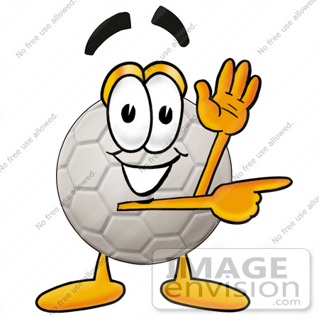 #25211 Clip Art Graphic of a White Soccer Ball Cartoon Character Waving and Pointing by toons4biz