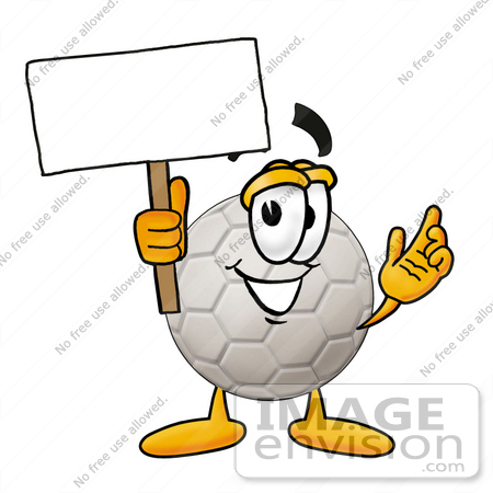 #25217 Clip Art Graphic of a White Soccer Ball Cartoon Character Holding a Blank Sign by toons4biz