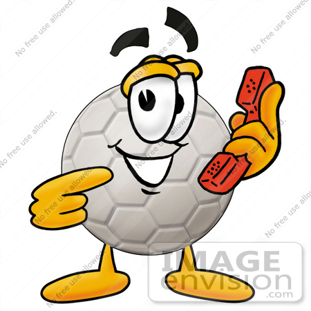#25220 Clip Art Graphic of a White Soccer Ball Cartoon Character Holding a Telephone by toons4biz