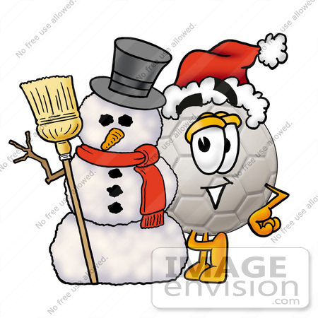 #25228 Clip Art Graphic of a White Soccer Ball Cartoon Character With a Snowman on Christmas by toons4biz