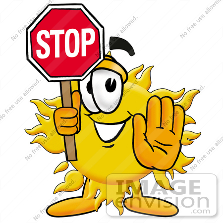 #25231 Clip Art Graphic of a Yellow Sun Cartoon Character Holding a Stop Sign by toons4biz