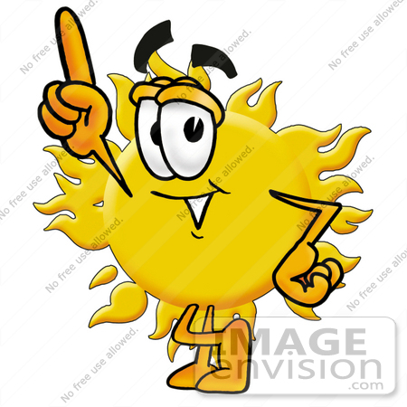 #25232 Clip Art Graphic of a Yellow Sun Cartoon Character Pointing Upwards by toons4biz