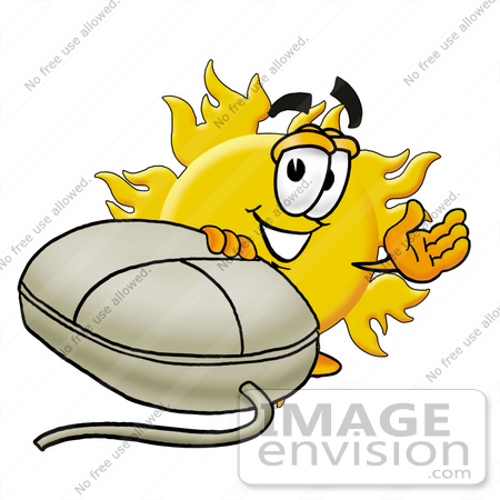 #25243 Clip Art Graphic of a Yellow Sun Cartoon Character With a Computer Mouse by toons4biz