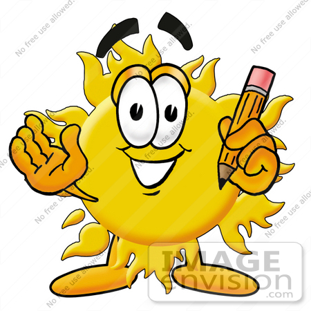#25246 Clip Art Graphic of a Yellow Sun Cartoon Character Holding a Pencil by toons4biz