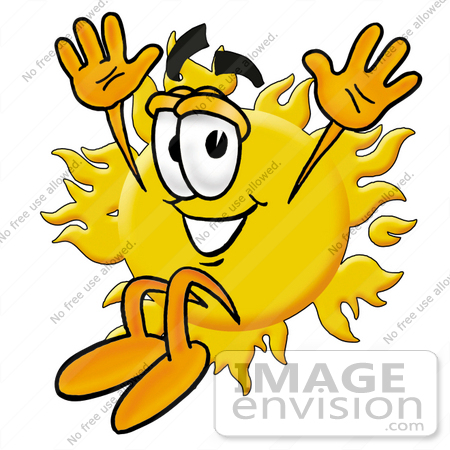 #25248 Clip Art Graphic of a Yellow Sun Cartoon Character Jumping by toons4biz