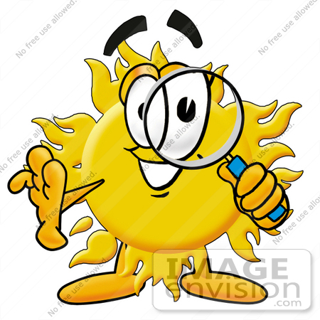#25249 Clip Art Graphic of a Yellow Sun Cartoon Character Looking Through a Magnifying Glass by toons4biz