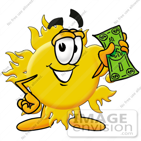 #25251 Clip Art Graphic of a Yellow Sun Cartoon Character Holding a Dollar Bill by toons4biz