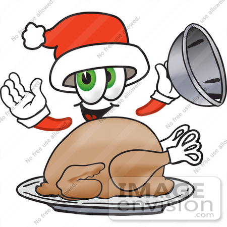 #25263 Clip Art Graphic of a Santa Claus Cartoon Character Serving a Thanksgiving Turkey on a Platter by toons4biz