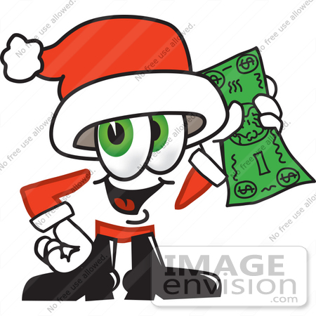 #25266 Clip Art Graphic of a Santa Claus Cartoon Character Holding a Dollar Bill by toons4biz
