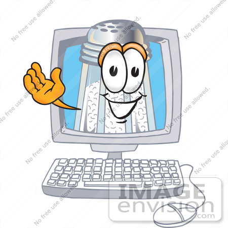 #25276 Clip Art Graphic of a Salt Shaker Cartoon Character Waving From Inside a Computer Screen by toons4biz
