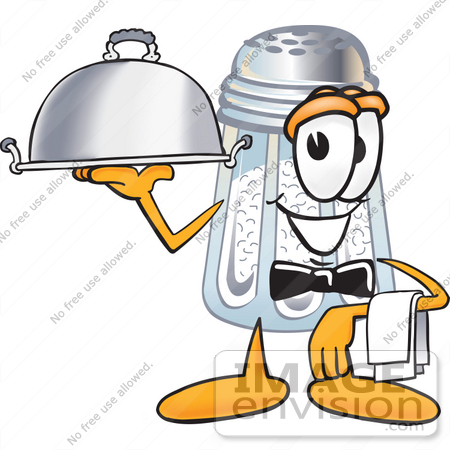 #25290 Clip Art Graphic of a Salt Shaker Cartoon Character Dressed as a Waiter and Holding a Serving Platter by toons4biz