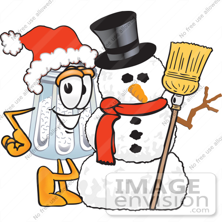 #25301 Clip Art Graphic of a Salt Shaker Cartoon Character With a Snowman on Christmas by toons4biz