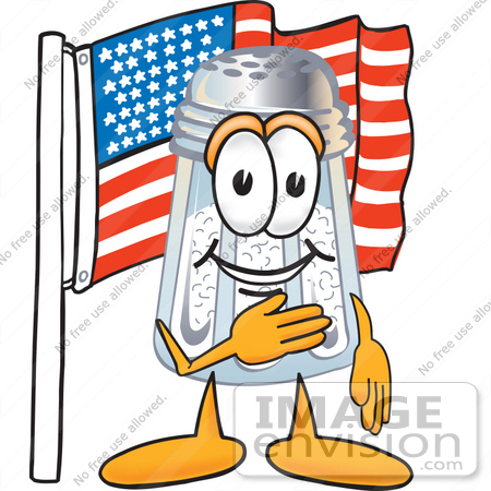#25303 Clip Art Graphic of a Salt Shaker Cartoon Character Pledging Allegiance to an American Flag by toons4biz