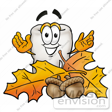 #25317 Clip Art Graphic of a Human Molar Tooth Character With Autumn Leaves and Acorns in the Fall by toons4biz