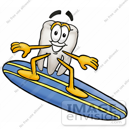 #25319 Clip Art Graphic of a Human Molar Tooth Character Surfing on a Blue and Yellow Surfboard by toons4biz