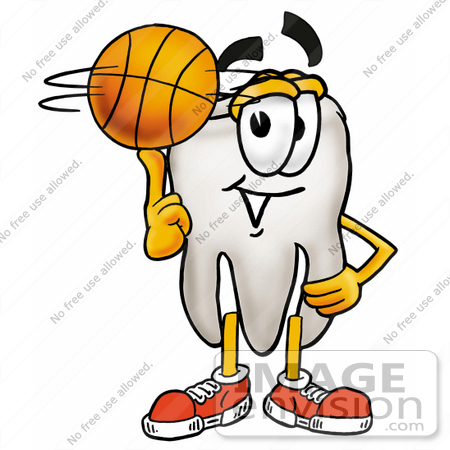 #25327 Clip Art Graphic of a Human Molar Tooth Character Spinning a Basketball on His Finger by toons4biz