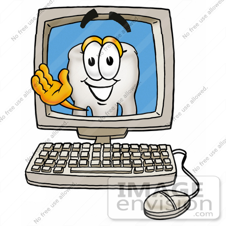 #25332 Clip Art Graphic of a Human Molar Tooth Character Waving From Inside a Computer Screen by toons4biz