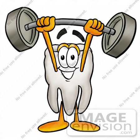 #25340 Clip Art Graphic of a Human Molar Tooth Character Holding a Heavy Barbell Above His Head by toons4biz