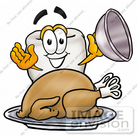 #25357 Clip Art Graphic of a Human Molar Tooth Character Serving a Thanksgiving Turkey on a Platter by toons4biz