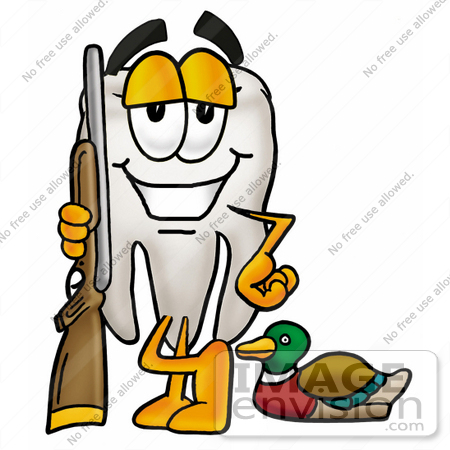 #25358 Clip Art Graphic of a Human Molar Tooth Character Duck Hunting, Standing With a Rifle and Duck by toons4biz
