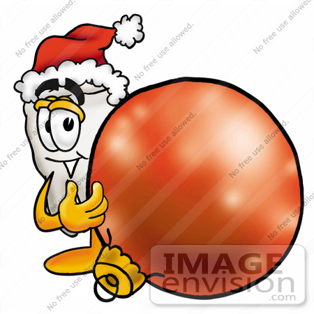 #25370 Clip Art Graphic of a Human Molar Tooth Character Wearing a Santa Hat, Standing With a Christmas Bauble by toons4biz