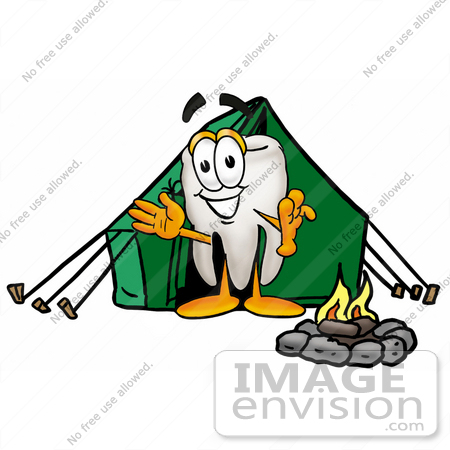 #25372 Clip Art Graphic of a Human Molar Tooth Character Camping With a Tent and Fire by toons4biz