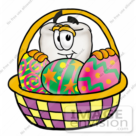 #25373 Clip Art Graphic of a Human Molar Tooth Character in an Easter Basket Full of Decorated Easter Eggs by toons4biz