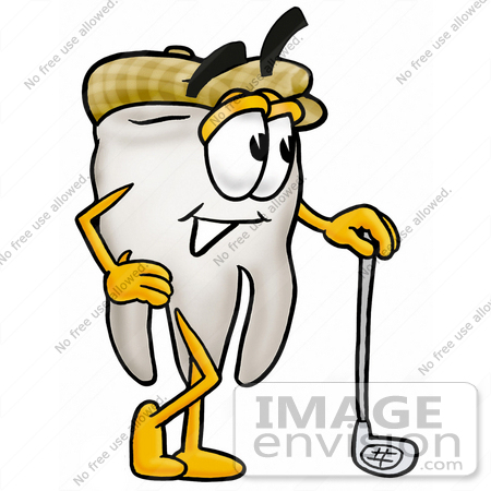 #25376 Clip Art Graphic of a Human Molar Tooth Character Leaning on a Golf Club While Golfing by toons4biz
