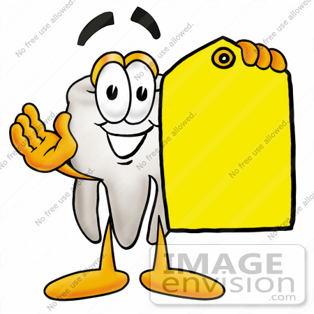 #25381 Clip Art Graphic of a Human Molar Tooth Character Holding a Yellow Sales Price Tag by toons4biz