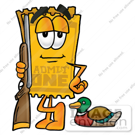 #25391 Clip Art Graphic of a Golden Admission Ticket Character Duck Hunting, Standing With a Rifle and Duck by toons4biz