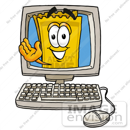#25394 Clip Art Graphic of a Golden Admission Ticket Character Waving From Inside a Computer Screen by toons4biz