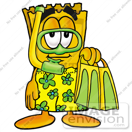 #25398 Clip Art Graphic of a Golden Admission Ticket Character in Green and Yellow Snorkel Gear by toons4biz