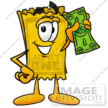 #25399 Clip Art Graphic of a Golden Admission Ticket Character Holding a Dollar Bill by toons4biz