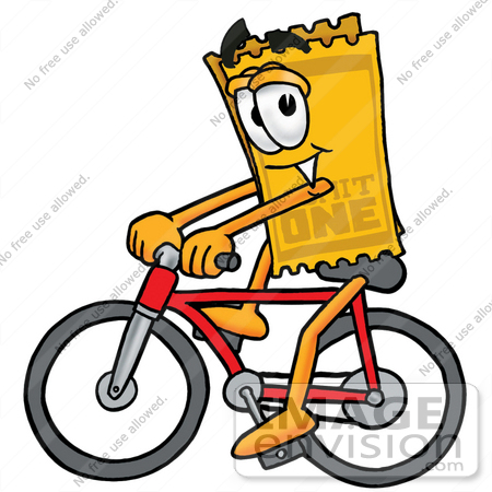 #25400 Clip Art Graphic of a Golden Admission Ticket Character Riding a Bicycle by toons4biz