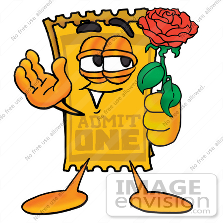 #25403 Clip Art Graphic of a Golden Admission Ticket Character Holding a Red Rose on Valentines Day by toons4biz