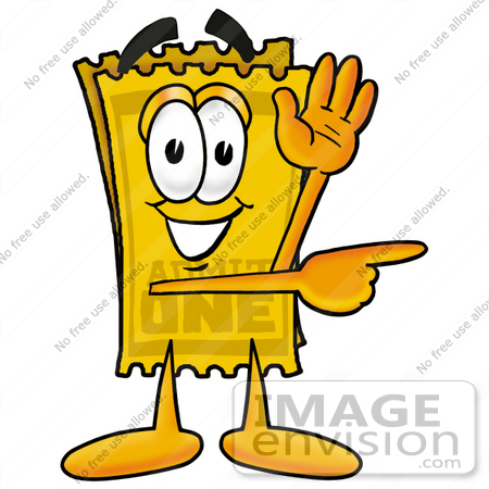 #25405 Clip Art Graphic of a Golden Admission Ticket Character Waving and Pointing by toons4biz