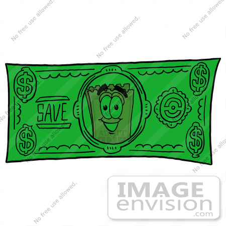 #25406 Clip Art Graphic of a Golden Admission Ticket Character on a Dollar Bill by toons4biz