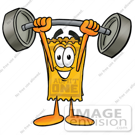 #25408 Clip Art Graphic of a Golden Admission Ticket Character Holding a Heavy Barbell Above His Head by toons4biz