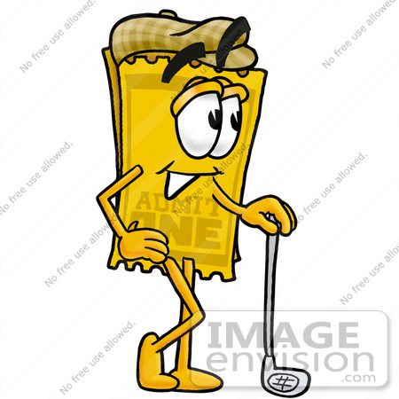 #25409 Clip Art Graphic of a Golden Admission Ticket Character Leaning on a Golf Club While Golfing by toons4biz