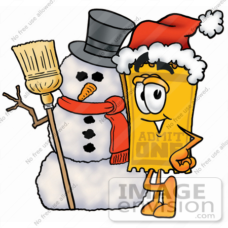 #25411 Clip Art Graphic of a Golden Admission Ticket Character With a Snowman on Christmas by toons4biz